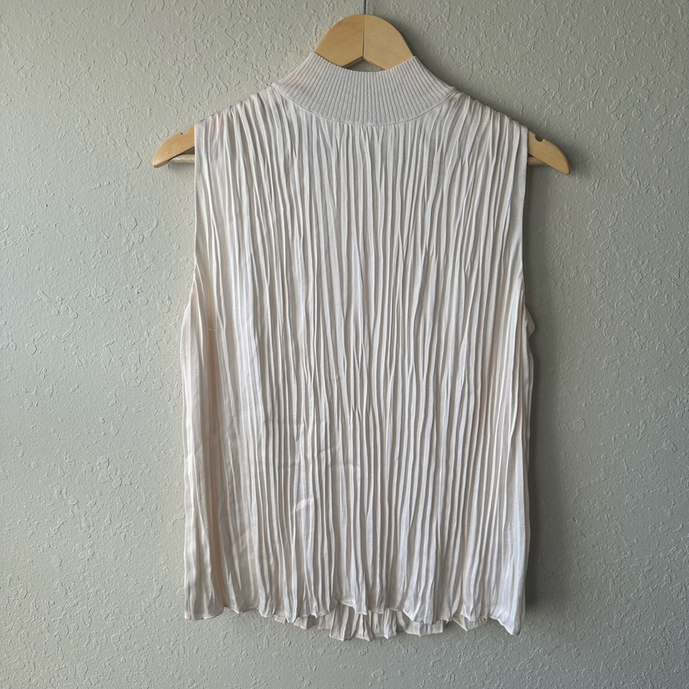 Vince Cream Tan Sleeveless Pleated Blouse with Mandarin Collar